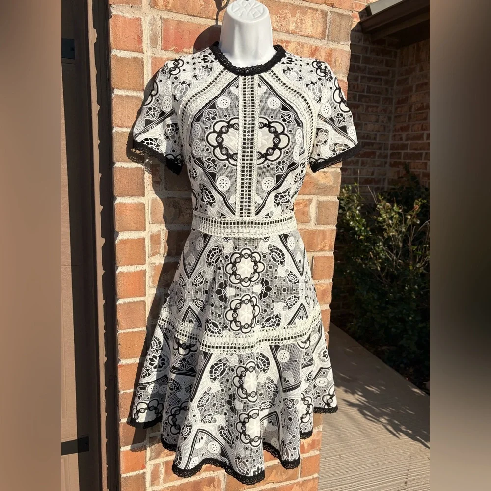 Alexis Emiliana Fit & Flare Mini Dress Black and White Diamond Lace size Medium - Picture 7 of 13